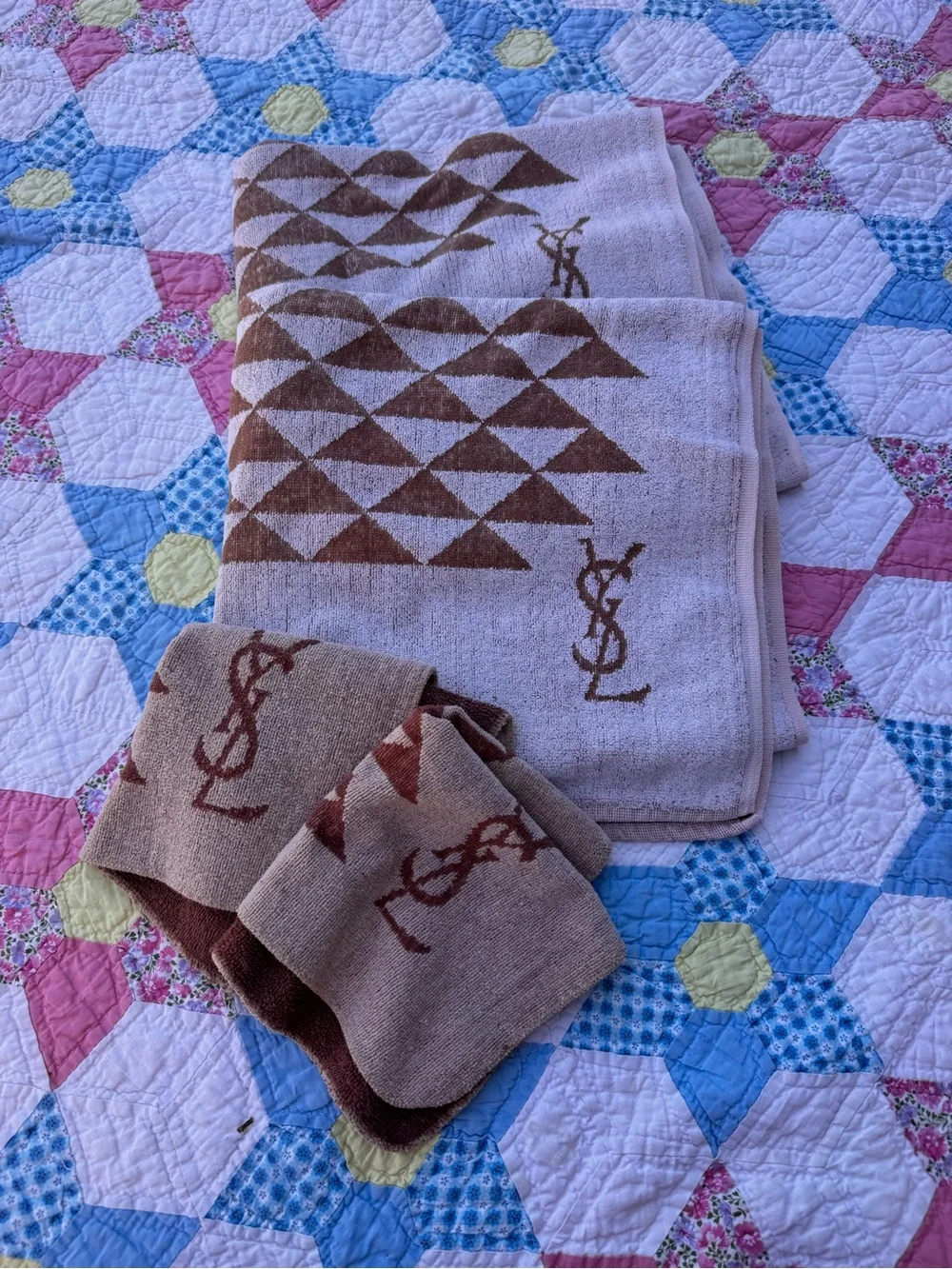 Vintage 1970’s Yves Saint Laurent Brown and Cream Geometric Cotton Towel Set